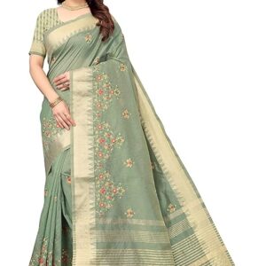 SERONA FABRICS Women's Assam Cotton Silk With Golden Border Thread Embroidered Work Saree With Blouse Piece